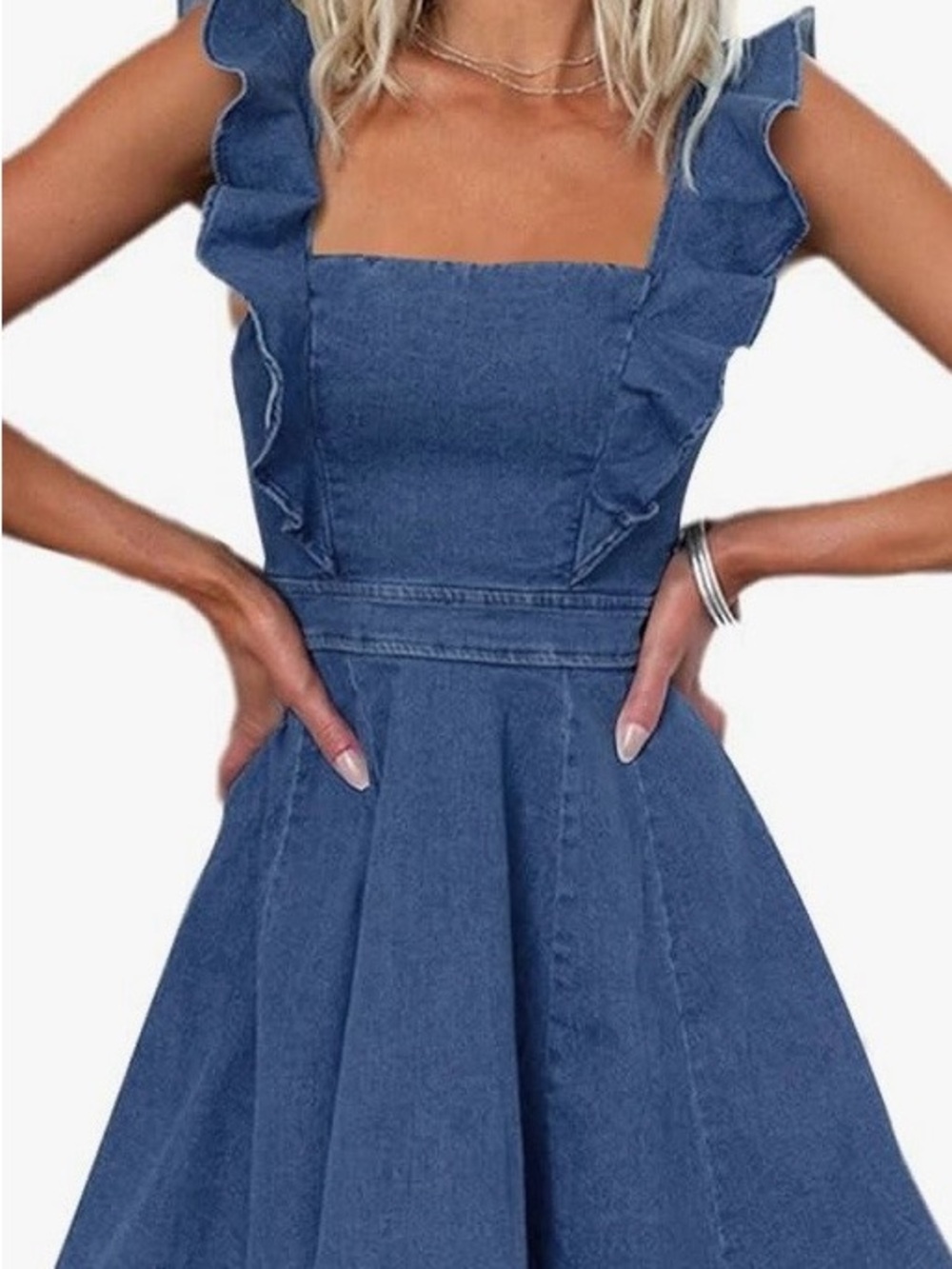 Blue Denim Ruffle Strap Mini Dress